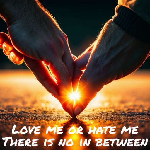 An ai generated image of two hands touching and a bright light where they touch. A quote that says, Love me or Hate me, There is no in between.