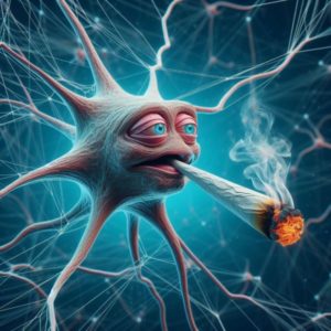 An ai generated image of a really stoned looking neuron smoking a joint.