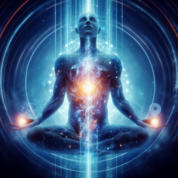 An ai generated of a non-binary being sitting in a meditation pose with energy lighting up in its hands and in the center of its body, and light beams in a circle around the body as well as vertically going up or down through the body.