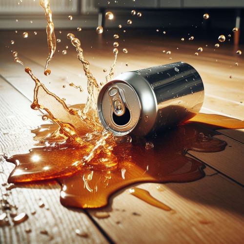 An ai generated image of a canned beverage that has been knocked to the floor and spilled, the drink is splashing in the air as it hits the floor.