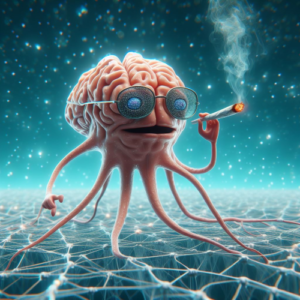 An ai generated image of a neuron wearing glasses and smoking a joint.