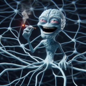 An ai generated image of a neuron with arms, smoking a joint, sort of looks like a gremlin.