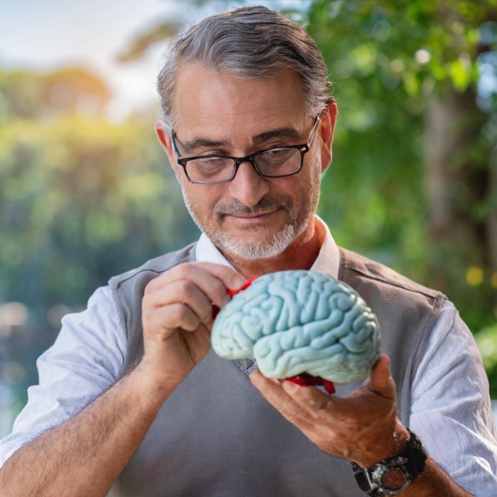 An ai generated image of an older man holding and examining a fake brain that is blue in color.