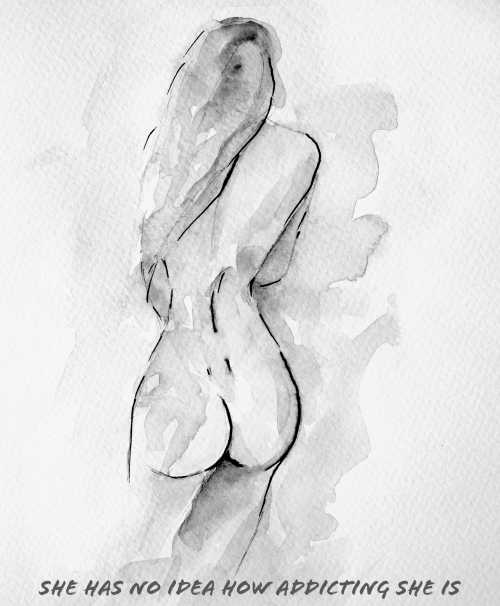 Pencil or charcoal drawing of the backside of a nude girl with long hair.