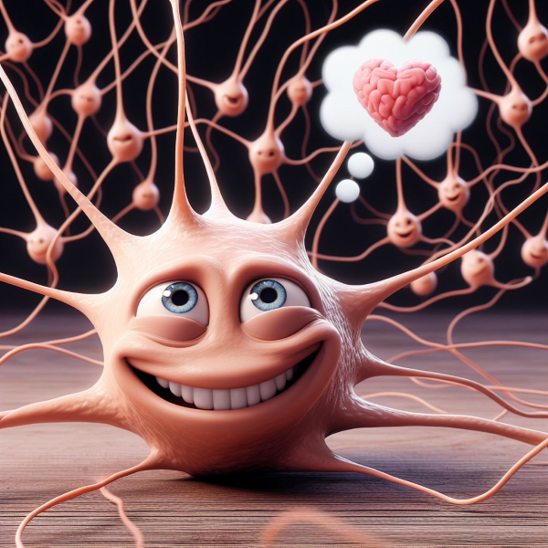 An ai generated image of a young smiling neuron who is in love, with a brainy looking heart in a dream cloud above it.