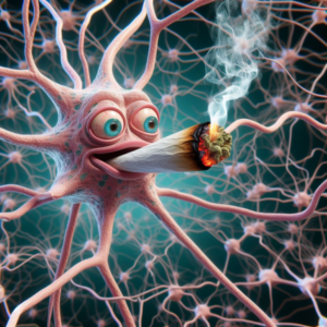 An ai generated image of a young, stoned neuron smoking a huge joint.