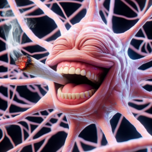 An ai generated image of a laughing neuron smoking a joint.