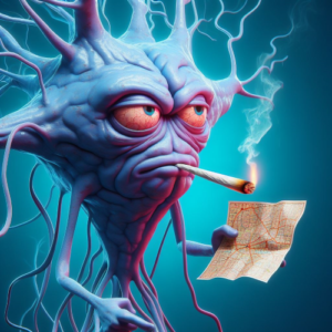 An ai generated image of a neuron smoking a joint, holding a map, and looking like it is not impressed.