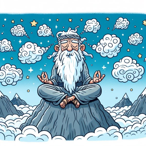 An ai generated cartoon image of an old wise man meditating on a mountain, high in the clouds.