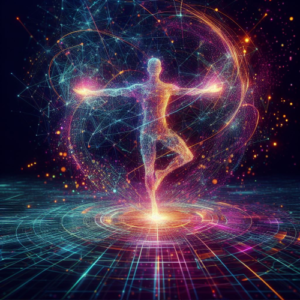 An abstract image depicting a human body as light and energy, dancing in ballet form on the cosmic plane.