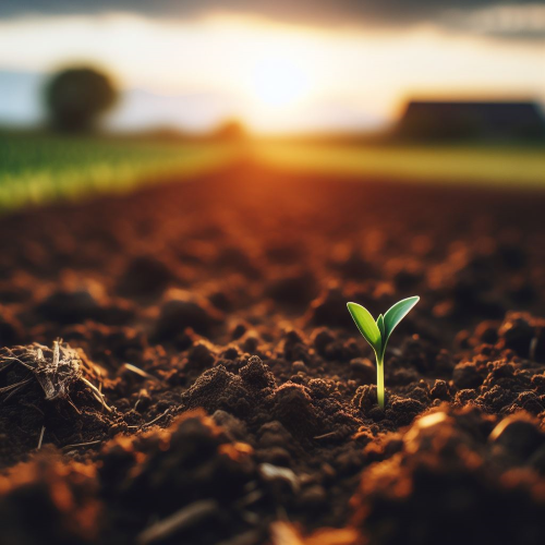 An ai generated image of a field and soil with a single seed sprouting a small plant, the sun is shining in the distance.