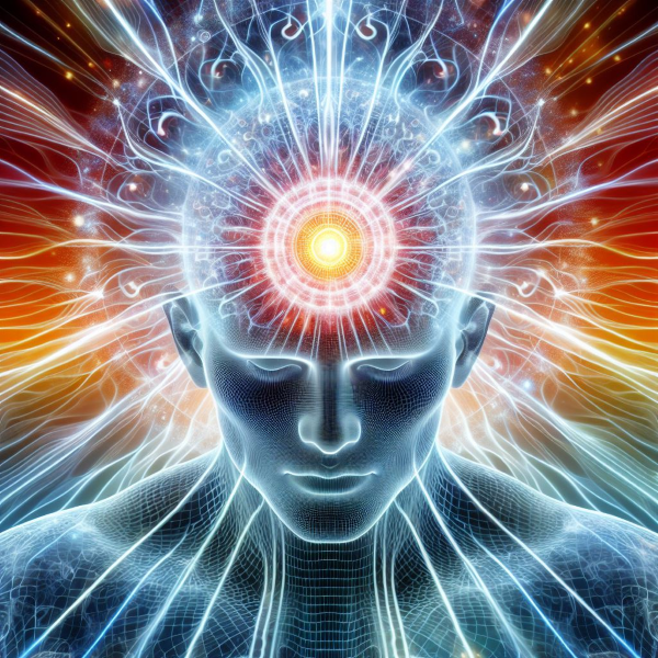 An ai generated image of energy surrounding a mans head.