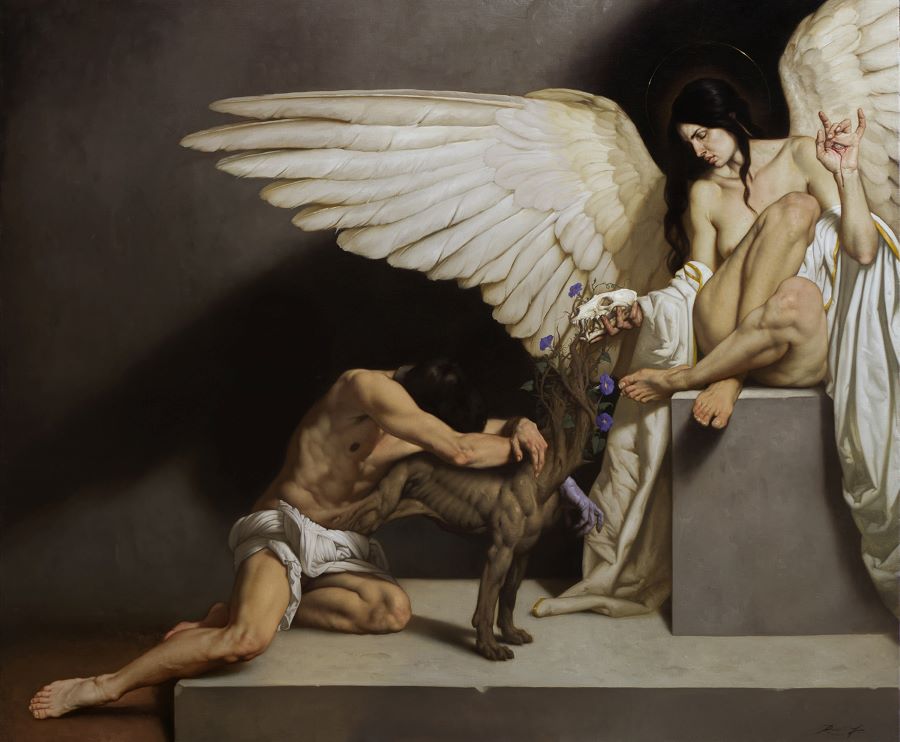 An emotionally powerful painting by Roberto Ferri in 2020. Named "The Black Wing or the Touch of the Angel"